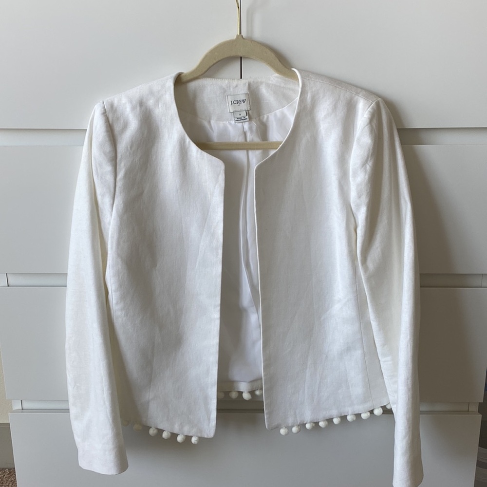 White Linen/Cotton Jacket, J Crew with Pom Pom trim. Size S. Worn once.